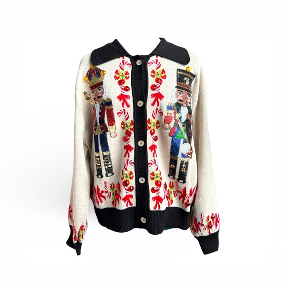 QUEEN OF SPARKLES Festive Nutcracker Cardigan - Black, White, Red - Picture 3 of 9
